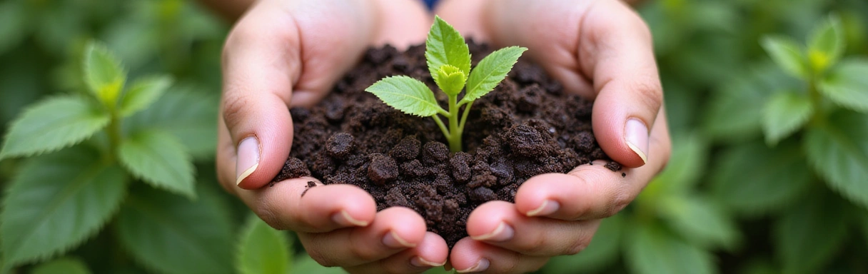 Hands tenderly holding soil with a young sprout, symbolizing natural sourcing and sustainability