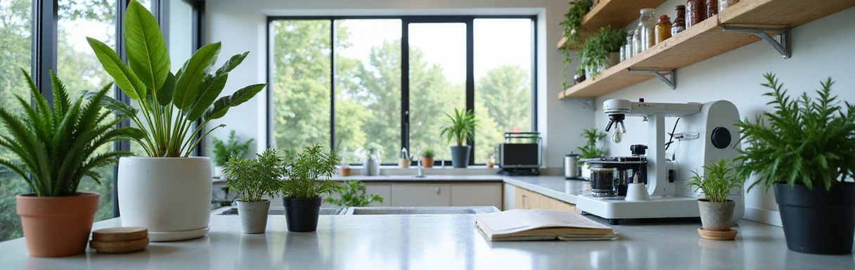 Modern, clean laboratory with natural plants, emphasizing natural processes and scientific rigor