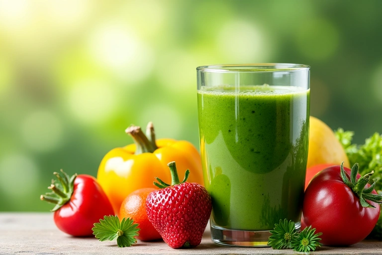 A vibrant assortment of fresh fruits, vegetables, and a glass of green smoothie, representing natural energy and vitality.
