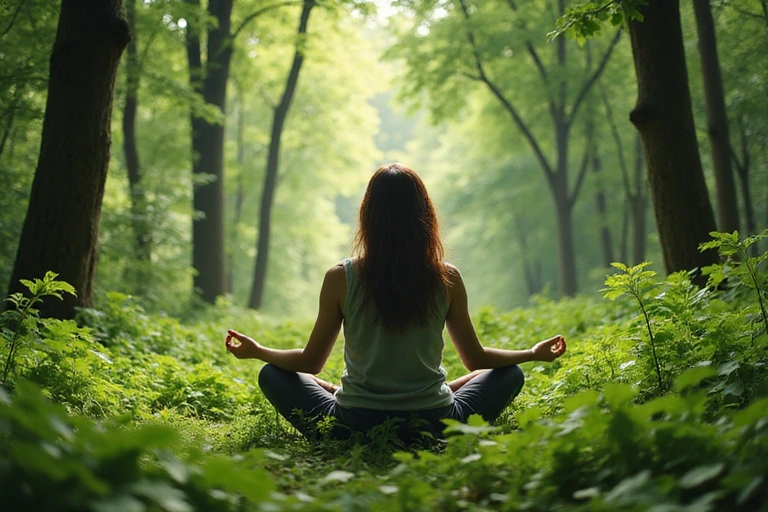 A serene image of a person meditating in a lush green forest, symbolizing stress relief and natural wellness.