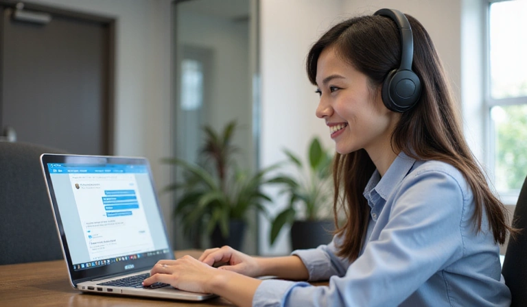A person talking on the phone and typing on a laptop, representing customer service and communication.