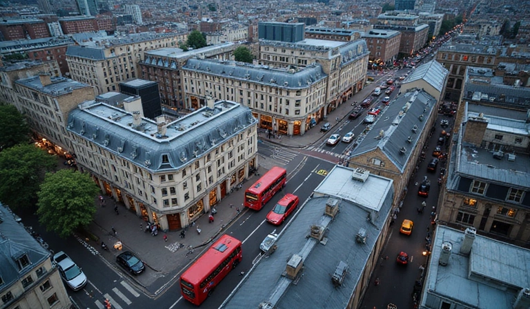 An aerial view of London city, with a highlighted pin on Shaftesbury Avenue, indicating the company's location.