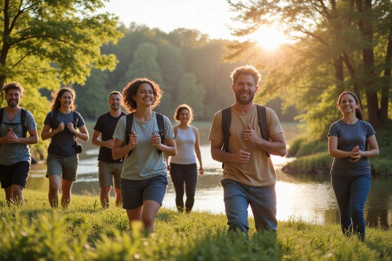 A diverse group of happy, healthy people enjoying outdoor activities in nature.