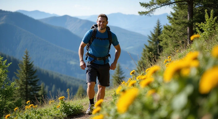 Active man hiking in a lush green mountain landscape, embodying health and strength.