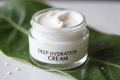 Deep Hydration Cream jar with water droplets.