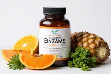 Digestive Enzyme Complex bottle with various fruits and vegetables.