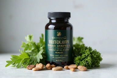 Gentleman's Vitality Complex supplement bottle with natural herbs.