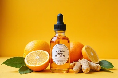 Immune Boost Elixir bottle with citrus fruits and ginger.