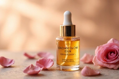 Radiant Glow Serum bottle with rose petals.