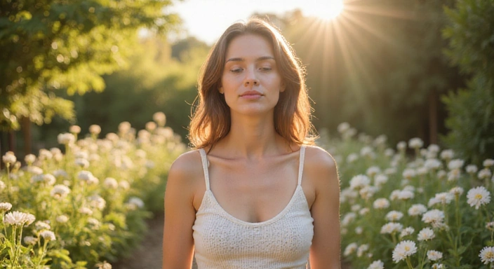 Serene woman with glowing skin meditating in a tranquil natural garden.