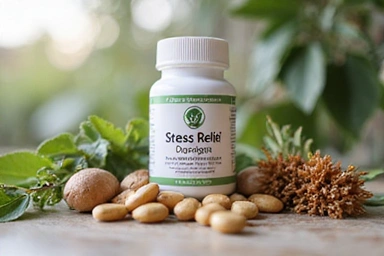 Stress Relief Adaptogen Capsules bottle with calming herbs.