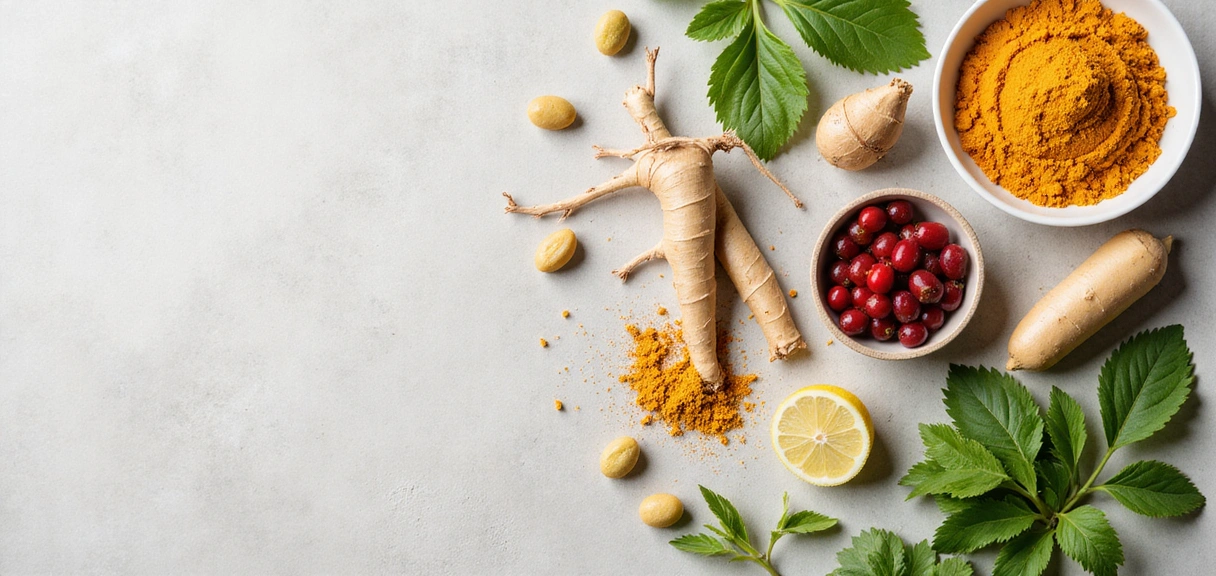 Aesthetic arrangement of natural ingredients like ginseng, maca, and various herbs used in men's health supplements.