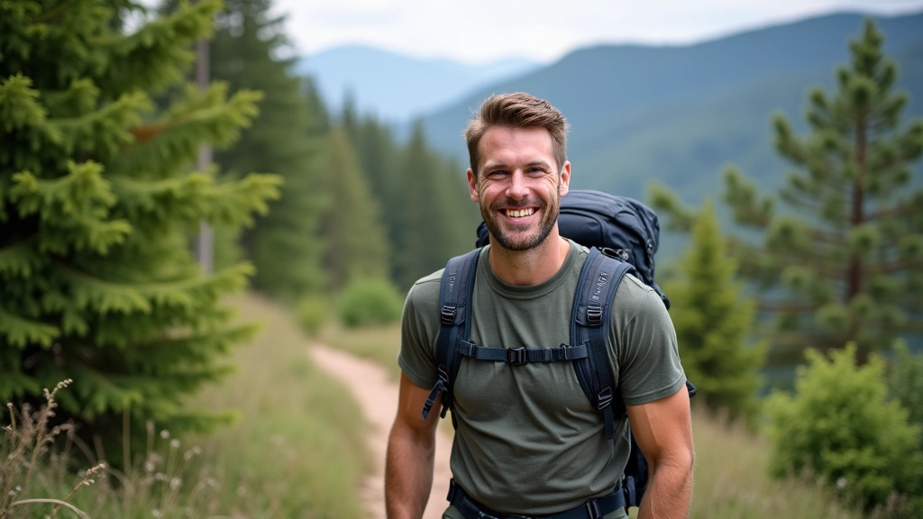 An active man hiking in a lush, green natural setting, symbolizing health and vitality from natural supplements.