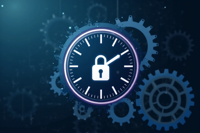 A digital clock representing data retention periods, with gears and a lock icon, symbolizing secure and timely data deletion.