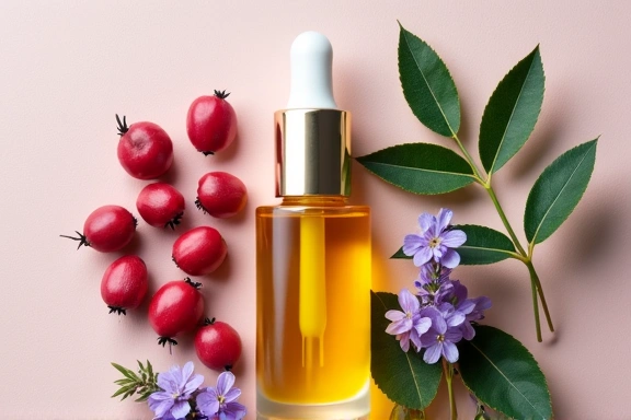 Aesthetic arrangement of natural ingredients like rosehip, argan oil, and various flowers, symbolizing women's anti-aging and rejuvenation products.