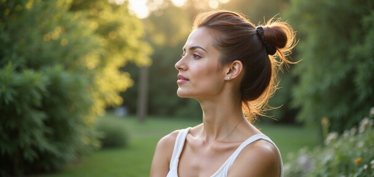 Serene woman with radiant skin in a natural, calm environment, embodying the benefits of natural rejuvenation.